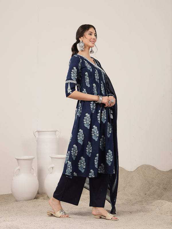 Kimayra Cotton Calf Length Printed 3/4 Sleeve V-Neck Flared Kurta Suit Set