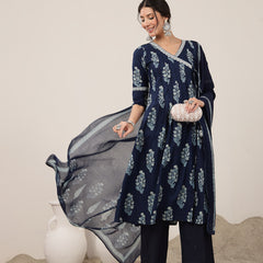 Kimayra Cotton Calf Length Printed 3/4 Sleeve V-Neck Flared Kurta Suit Set