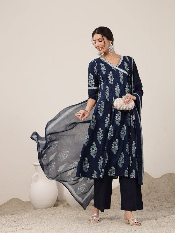 Kimayra Cotton Calf Length Printed 3/4 Sleeve V-Neck Flared Kurta Suit Set