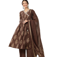 Kimayra Cotton Calf Length Printed 3/4 Sleeve V-Neck Flared Kurta Suit Set