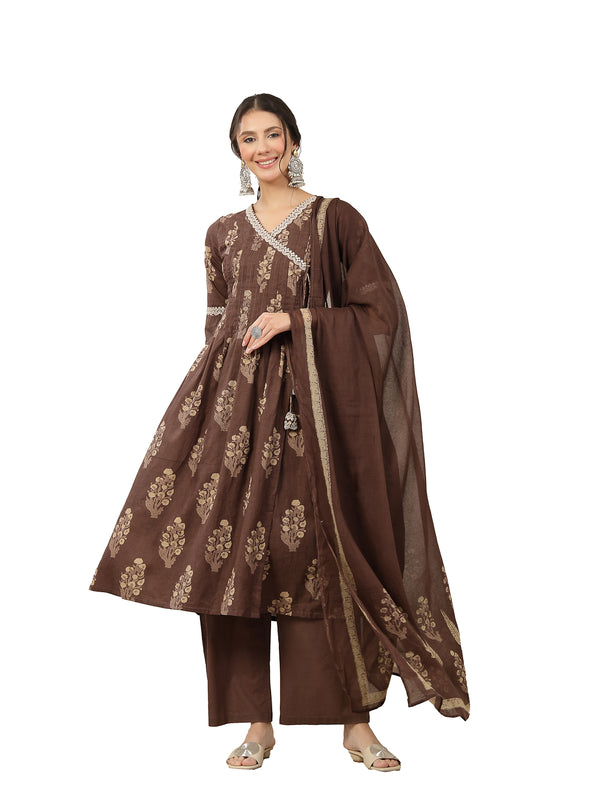 Kimayra Cotton Calf Length Printed 3/4 Sleeve V-Neck Flared Kurta Suit Set