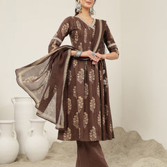 Kimayra Cotton Calf Length Printed 3/4 Sleeve V-Neck Flared Kurta Suit Set