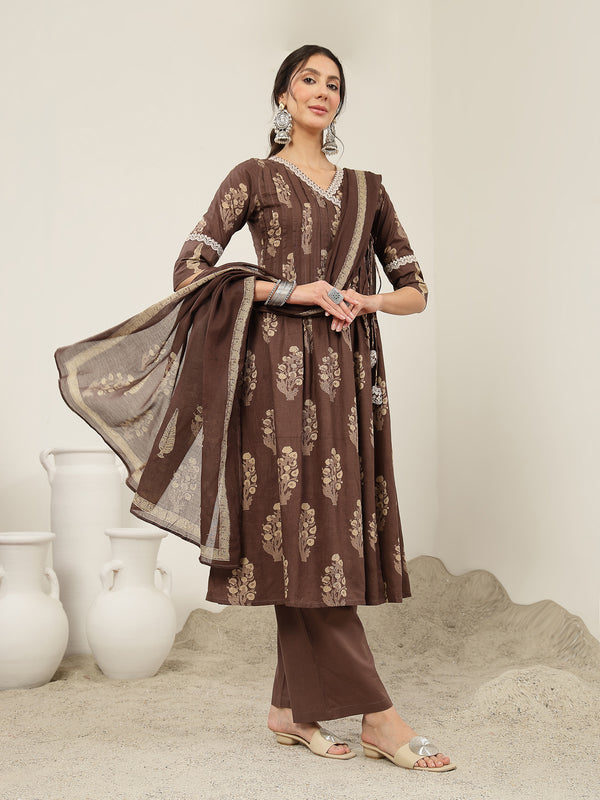 Kimayra Cotton Calf Length Printed 3/4 Sleeve V-Neck Flared Kurta Suit Set
