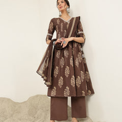 Kimayra Cotton Calf Length Printed 3/4 Sleeve V-Neck Flared Kurta Suit Set