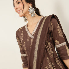 Kimayra Cotton Calf Length Printed 3/4 Sleeve V-Neck Flared Kurta Suit Set