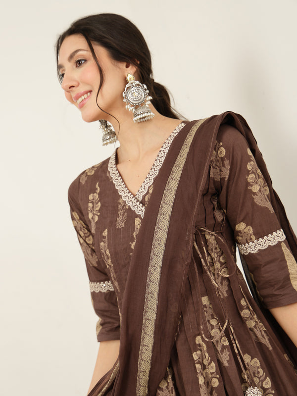 Kimayra Cotton Calf Length Printed 3/4 Sleeve V-Neck Flared Kurta Suit Set