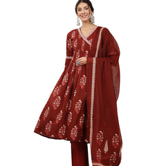 Kimayra Cotton Calf Length Printed 3/4 Sleeve V-Neck Flared Kurta Suit Set