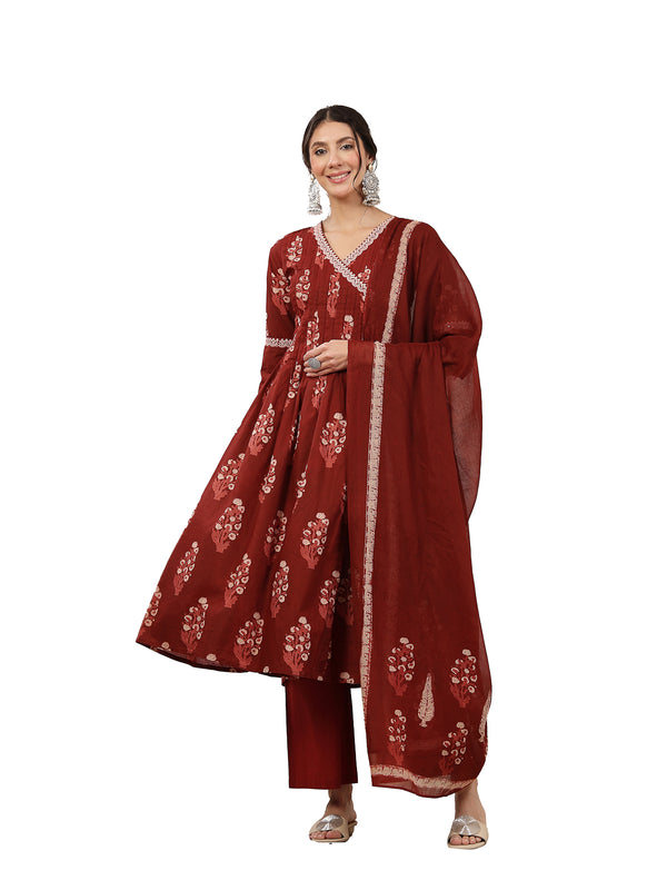 Kimayra Cotton Calf Length Printed 3/4 Sleeve V-Neck Flared Kurta Suit Set