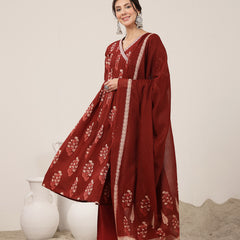 Kimayra Cotton Calf Length Printed 3/4 Sleeve V-Neck Flared Kurta Suit Set