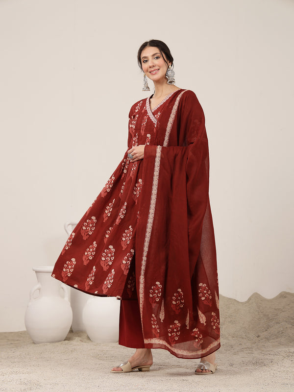 Kimayra Cotton Calf Length Printed 3/4 Sleeve V-Neck Flared Kurta Suit Set