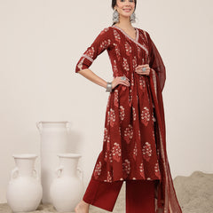 Kimayra Cotton Calf Length Printed 3/4 Sleeve V-Neck Flared Kurta Suit Set