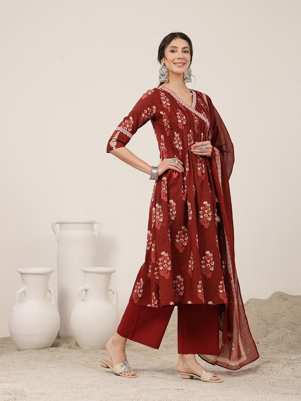 Kimayra Cotton Calf Length Printed 3/4 Sleeve V-Neck Flared Kurta Suit Set