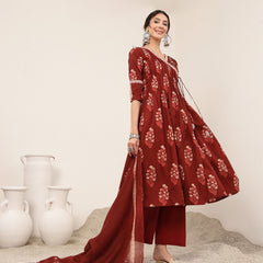 Kimayra Cotton Calf Length Printed 3/4 Sleeve V-Neck Flared Kurta Suit Set