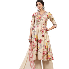 Kimayra Cotton Calf Length Printed 3/4 Sleeve V-Neck Flared Kurta Suit Set