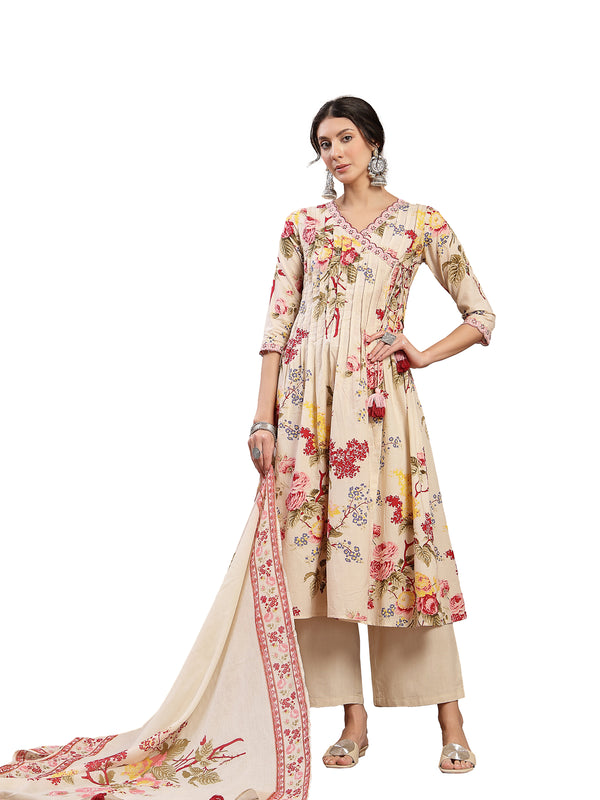 Kimayra Cotton Calf Length Printed 3/4 Sleeve V-Neck Flared Kurta Suit Set