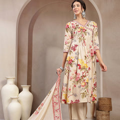 Kimayra Cotton Calf Length Printed 3/4 Sleeve V-Neck Flared Kurta Suit Set
