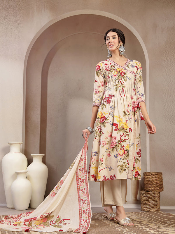 Kimayra Cotton Calf Length Printed 3/4 Sleeve V-Neck Flared Kurta Suit Set