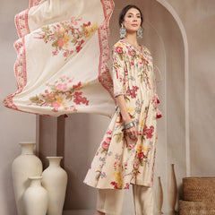 Kimayra Cotton Calf Length Printed 3/4 Sleeve V-Neck Flared Kurta Suit Set
