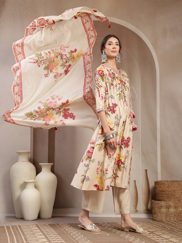 Kimayra Cotton Calf Length Printed 3/4 Sleeve V-Neck Flared Kurta Suit Set