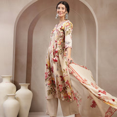 Kimayra Cotton Calf Length Printed 3/4 Sleeve V-Neck Flared Kurta Suit Set