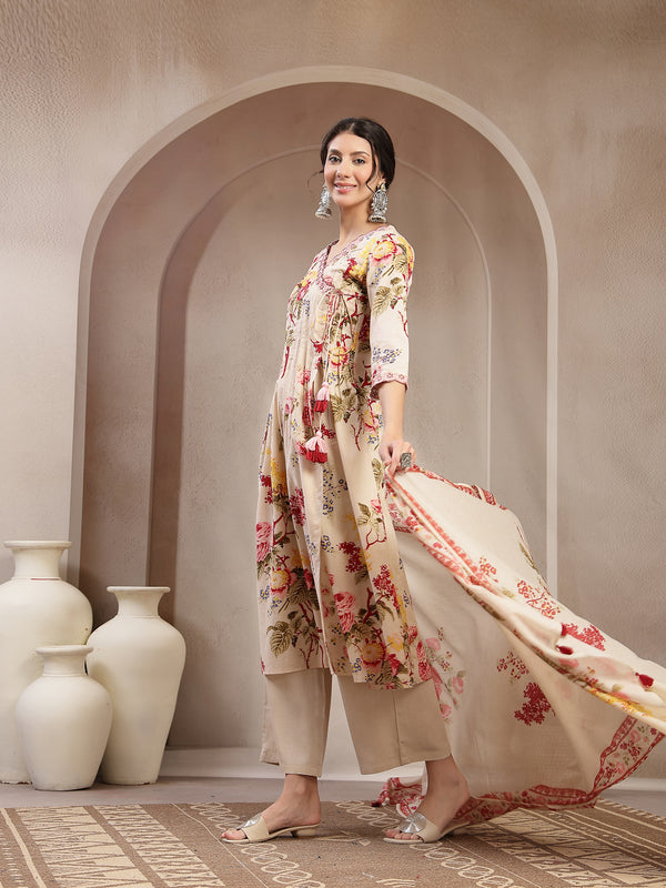 Kimayra Cotton Calf Length Printed 3/4 Sleeve V-Neck Flared Kurta Suit Set