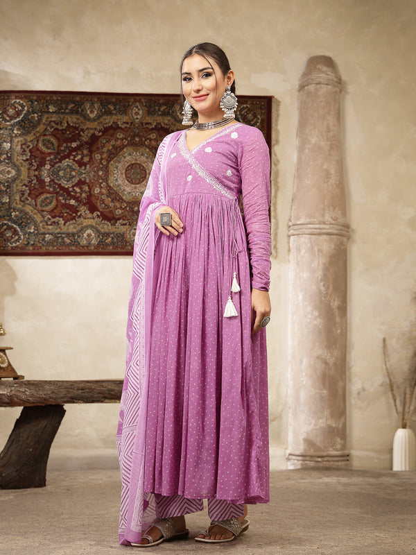 Kimayra Cotton Calf Length Printed 3/4 Sleeve V-Neck Flared Kurta Suit Set