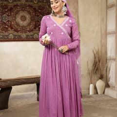 Kimayra Cotton Calf Length Printed 3/4 Sleeve V-Neck Flared Kurta Suit Set