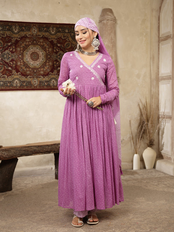 Kimayra Cotton Calf Length Printed 3/4 Sleeve V-Neck Flared Kurta Suit Set