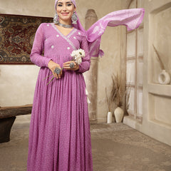 Kimayra Cotton Calf Length Printed 3/4 Sleeve V-Neck Flared Kurta Suit Set