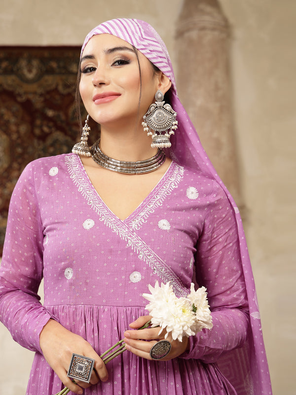 Kimayra Cotton Calf Length Printed 3/4 Sleeve V-Neck Flared Kurta Suit Set
