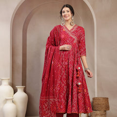 Kimayra Cotton Calf Length Printed 3/4 Sleeve Angrakha Flared Kurta Suit Set