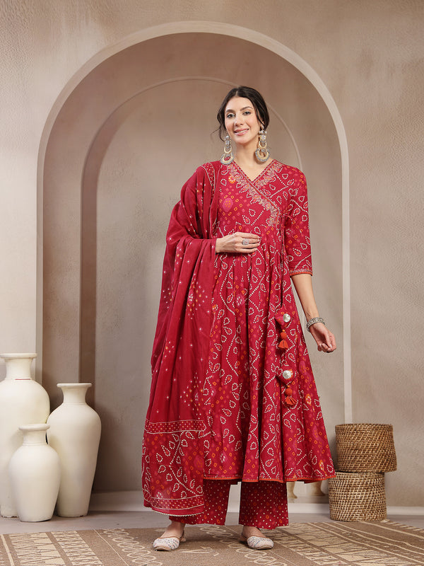 Kimayra Cotton Calf Length Printed 3/4 Sleeve Angrakha Flared Kurta Suit Set