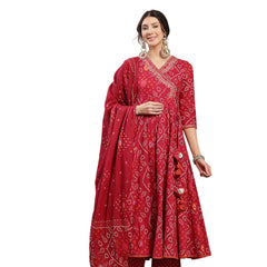 Kimayra Cotton Calf Length Printed 3/4 Sleeve Angrakha Flared Kurta Suit Set
