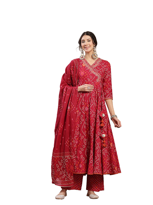 Kimayra Cotton Calf Length Printed 3/4 Sleeve Angrakha Flared Kurta Suit Set
