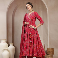 Kimayra Cotton Calf Length Printed 3/4 Sleeve Angrakha Flared Kurta Suit Set