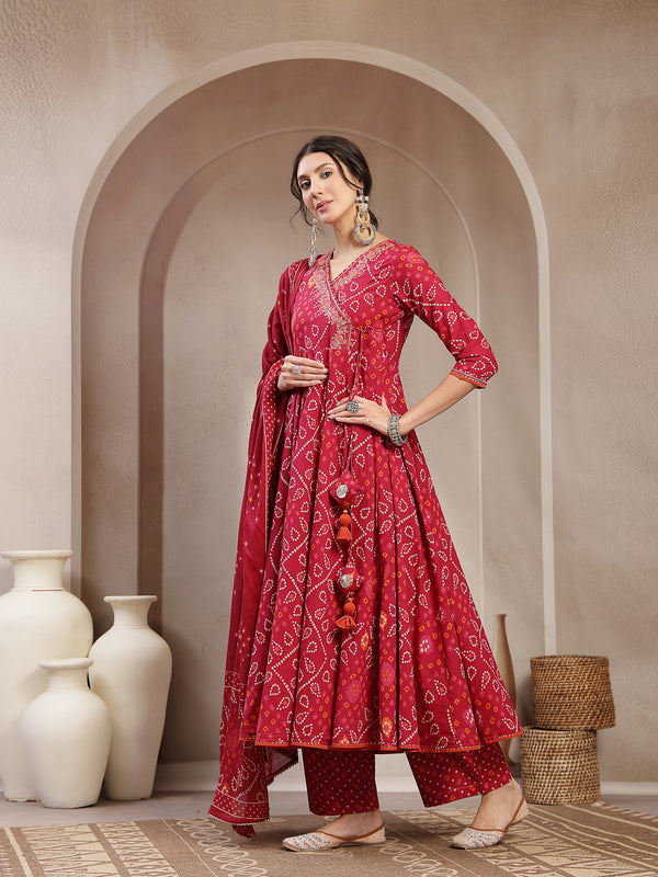 Kimayra Cotton Calf Length Printed 3/4 Sleeve Angrakha Flared Kurta Suit Set