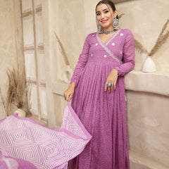 Kimayra Cotton Calf Length Printed 3/4 Sleeve V-Neck Flared Kurta Suit Set