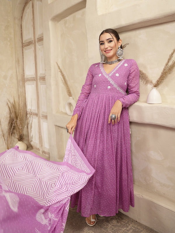 Kimayra Cotton Calf Length Printed 3/4 Sleeve V-Neck Flared Kurta Suit Set
