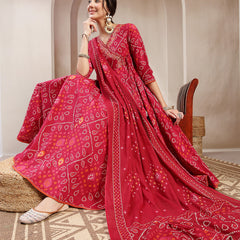 Kimayra Cotton Calf Length Printed 3/4 Sleeve Angrakha Flared Kurta Suit Set