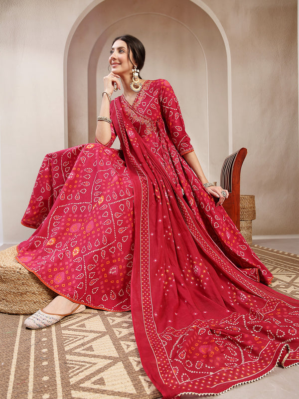 Kimayra Cotton Calf Length Printed 3/4 Sleeve Angrakha Flared Kurta Suit Set