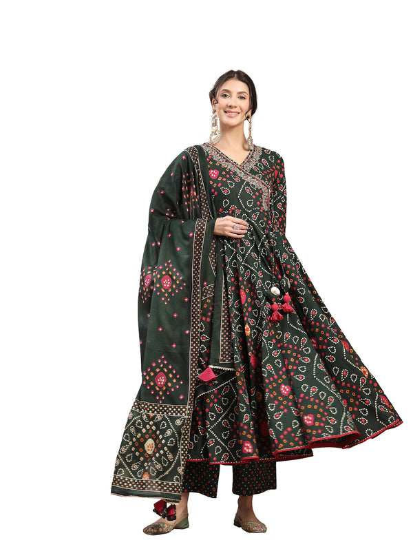 Kimayra Cotton Calf Length Printed 3/4 Sleeve Angrakha Flared Kurta Suit Set