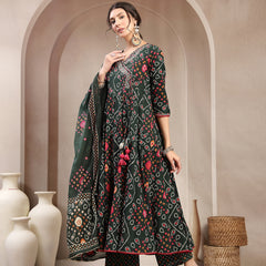 Kimayra Cotton Calf Length Printed 3/4 Sleeve Angrakha Flared Kurta Suit Set