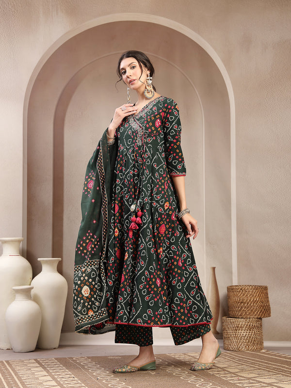 Kimayra Cotton Calf Length Printed 3/4 Sleeve Angrakha Flared Kurta Suit Set