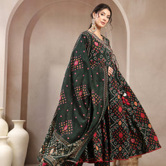 Kimayra Cotton Calf Length Printed 3/4 Sleeve Angrakha Flared Kurta Suit Set