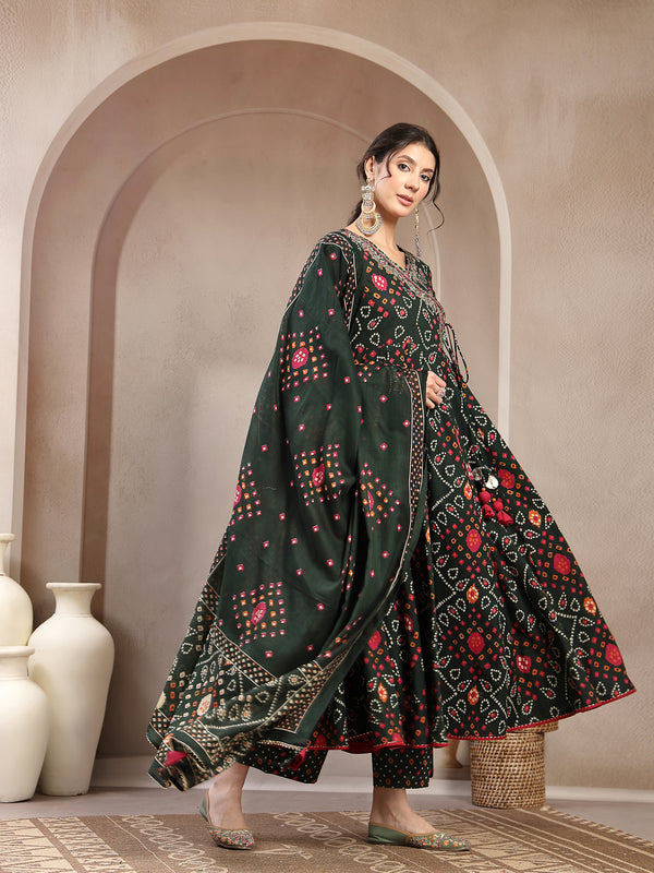 Kimayra Cotton Calf Length Printed 3/4 Sleeve Angrakha Flared Kurta Suit Set