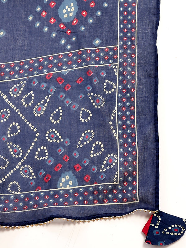 Kimayra Cotton Calf Length Printed 3/4 Sleeve Angrakha Flared Kurta Suit Set
