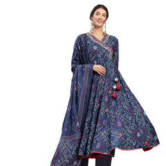 Kimayra Cotton Calf Length Printed 3/4 Sleeve Angrakha Flared Kurta Suit Set