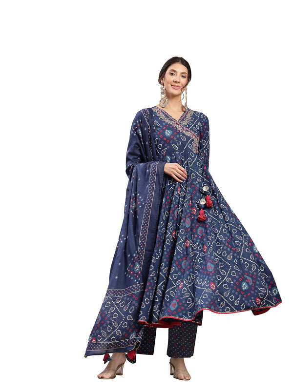 Kimayra Cotton Calf Length Printed 3/4 Sleeve Angrakha Flared Kurta Suit Set