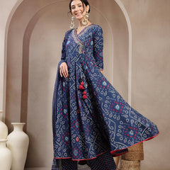 Kimayra Cotton Calf Length Printed 3/4 Sleeve Angrakha Flared Kurta Suit Set