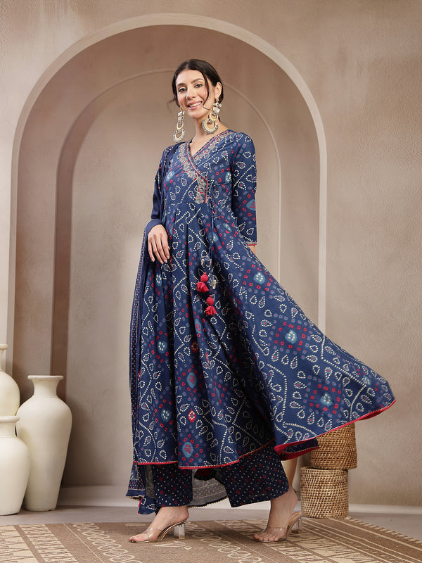 Kimayra Cotton Calf Length Printed 3/4 Sleeve Angrakha Flared Kurta Suit Set